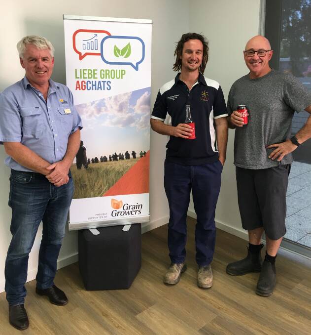 Alan Meldrum (left), GrainGrowers, Steve Sawyer, Wimmera Farm and Paul O'Meehan, 		A O'Meehan & Co, at the Liebe Group AgChats session on March 13.