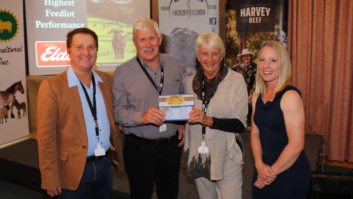 Nigel Hawke, Elders Albany, presented the Elders' sponsored best feedlot performance award to Kevin and Sue Nettleton for their apricot Limousins watched by Harvey Beef Gate 2 Plate committee member and local vet Jess Shilling.