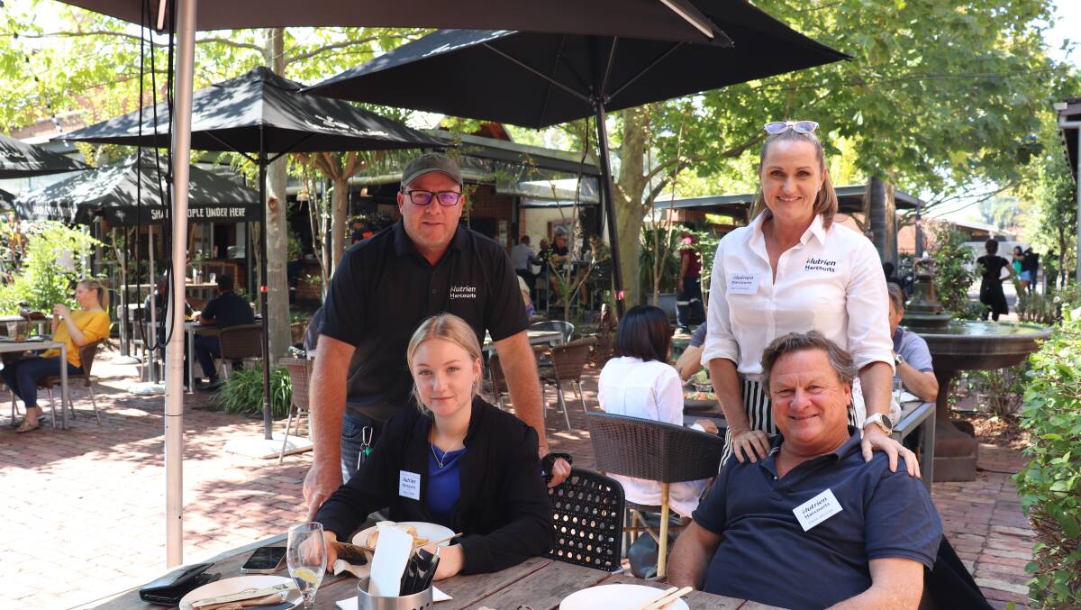 Sales representative Adam Shields (left) with daughter and administration assistant Amy, chatting over lunch with sales representatives Lisa Cavanagh and David Jannings, Kojonup.