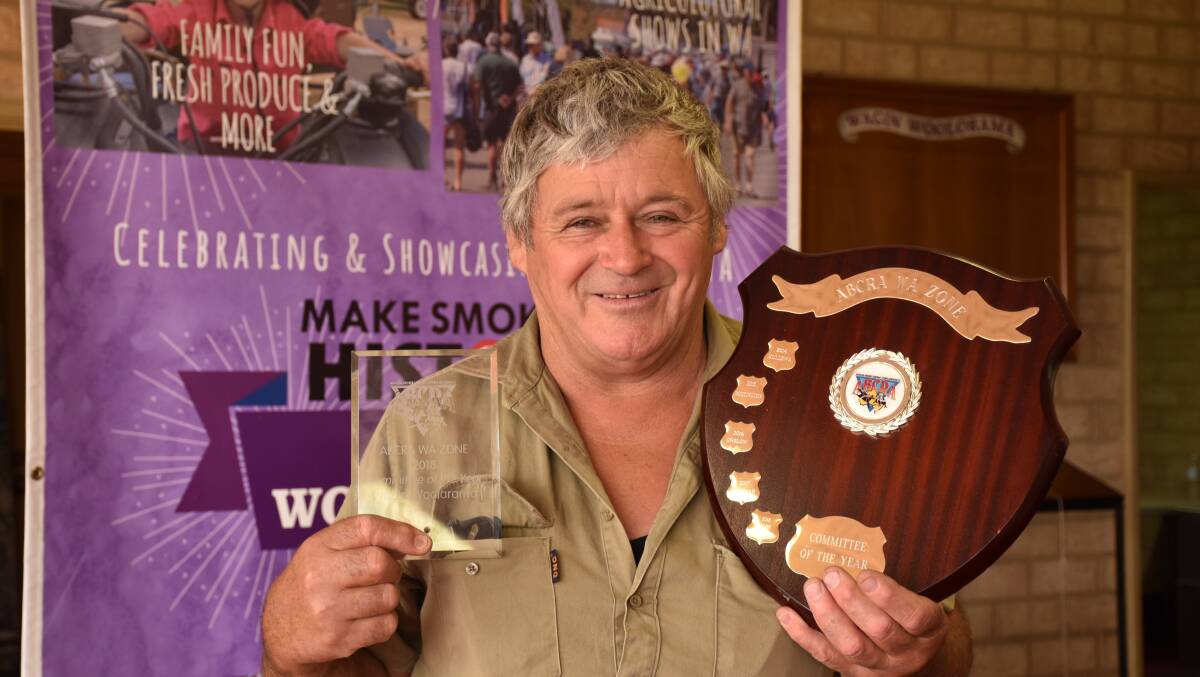 Woolorama's Unigrain rodeo co-ordinator Joe O'Brien holds the perpetual committee of the year shield and crystal replica awarded by the Australian Bushmen's Campdraft and Rodeo Association Ltd in recognition of its excellent efforts organising the Wagin rodeo.