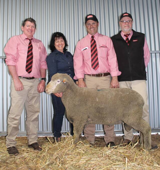 The top price of the Royston on-property ram sale in Napier on Monday was a Prime SAMM ram which made $3100 and sold to 3 Brooks Farming, Winnejup. With the top price ram is prime lamb specialist Elders agent Michael O'Neill (left), Royston stud principal Sandy Forbes, Elders Mt Barker agent Dean Wallinger and Elders auctioneer Don Morgan.
