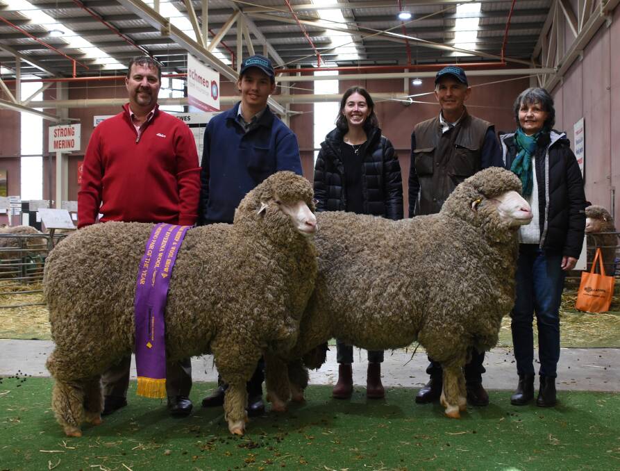 The Campbell family's Coromandel stud, Gairdner, represented WA in the National Pair competition at last week's Australian Sheep & Wool Show in Bendigo, Victoria, and received the runner-up ribbon in the competition from the judges. With the stud's pair are Coromandel stud classer and Elders stud stock representative Nathan King (left) and Coromandel's Tom, Georgia and Michael Campbell and Gabriel McMullen.