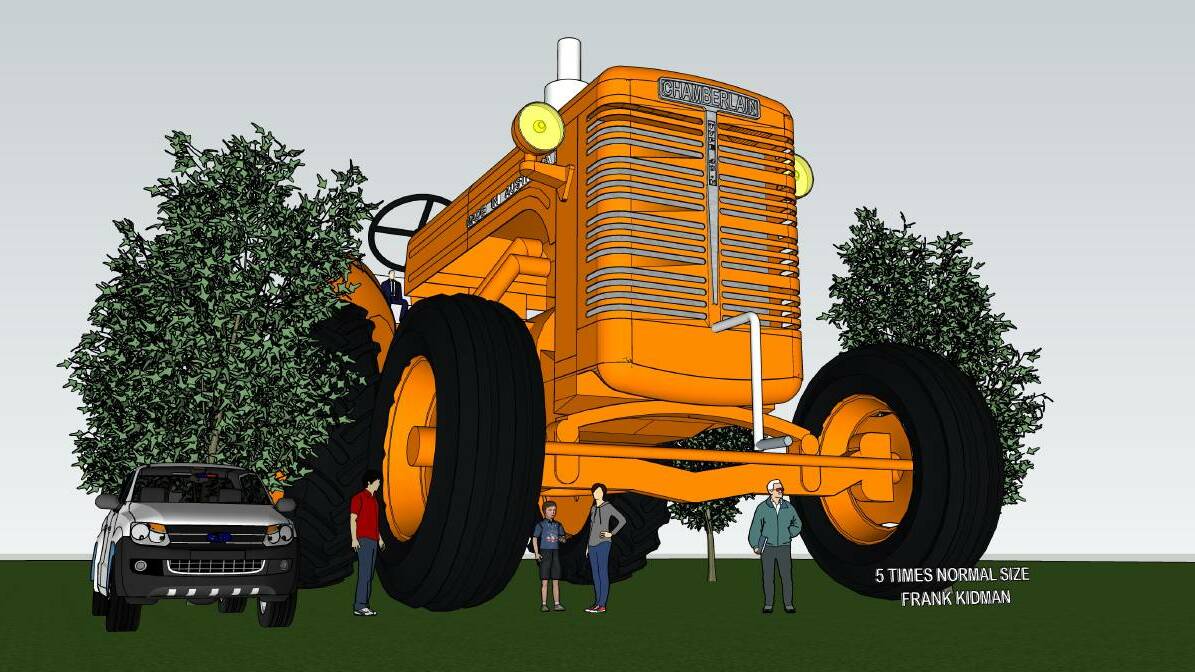  An artist's drawing of how the five times larger than normal replica Chamberlain Model 40K tractor tourist attraction will look. The Vintage Tractor & Machinery Association of WA and a local committee is raising funds to have it built at Carnamah.