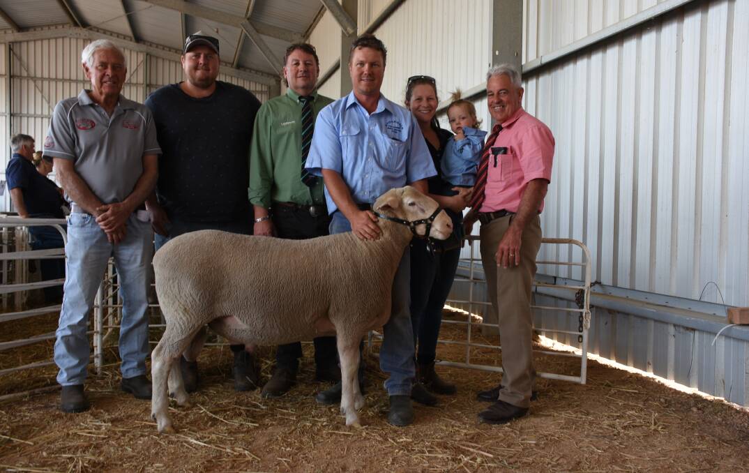 The top price paid at a British and Australasian single vendor sale this season was $5800 for this White Suffolk ram at the Stockdale on-property White Suffolk and Poll Dorset ram sale at York. With the were buyers Rod (left) and Shaun Simpson, Barby Downs White Suffolk stud, Quairading, Landmark Breeding representative Roy Addis, Stockdale co-principal Brenton Fairclough, wife Belwyn and daughter Piper and Elders auctioneer Preston Clarke.