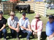 The $41,000 top-priced bull for the 2023-24 WA bull selling season was sold by the Introvigne familys Bonnydale Black Simmental stud, Bridgetown, at their on-property Black Simmental and SimAngus yearling bull sale in March. With the new stud record top-priced bull, Bonnydale Revenue U149 (by Bonnydale Revenue R14), purchased in partnership by Webb Black Simmentals, Glenburn, Victoria and St Pauls Genetics Black Simmentals, Henty, New South Wales, with a semen share to Six Creeks Black Simmentals, Mount Gambier, South Australia, were Connor DeCampo (left) and Rob Introvigne, Bonnydale stud, buyer representative Brad Creek, Six Creeks Black Simmentals, Pearce Watling, Elders, Donnybrook/Bridgetown and top price bull sponsor Jarvis Polglaze, Zoetis.