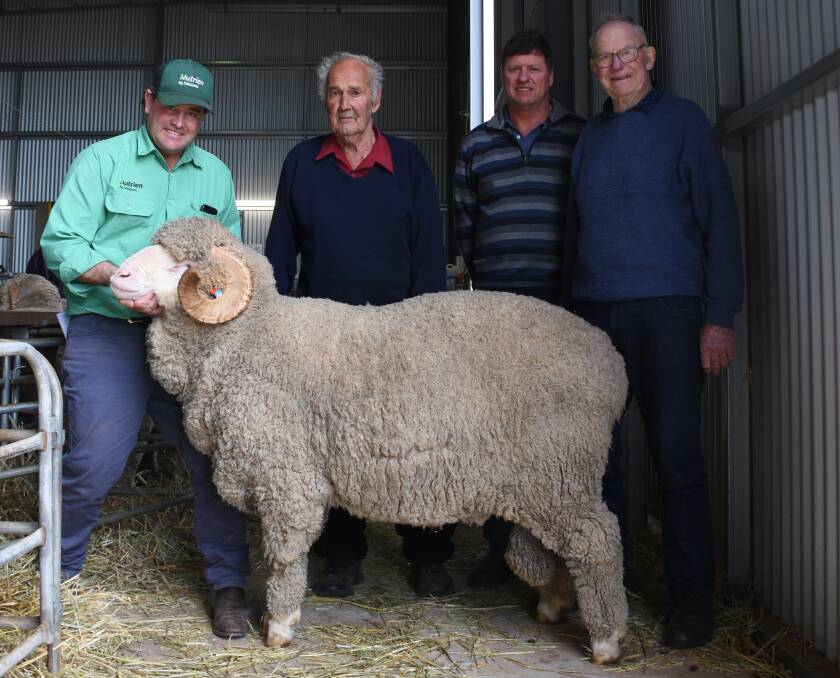 Prices hit a sale high $9000 for this Merino ram at the East Strathglen on-property ram sale at Tambellup. With the ram were Nutrien Livestock Breeding representative Mitchell Crosby (left), East Strathglen co-principal Rowland Sprigg, buyer Bruce Jackson, Collie and his father Don Jackson, Kojonup.