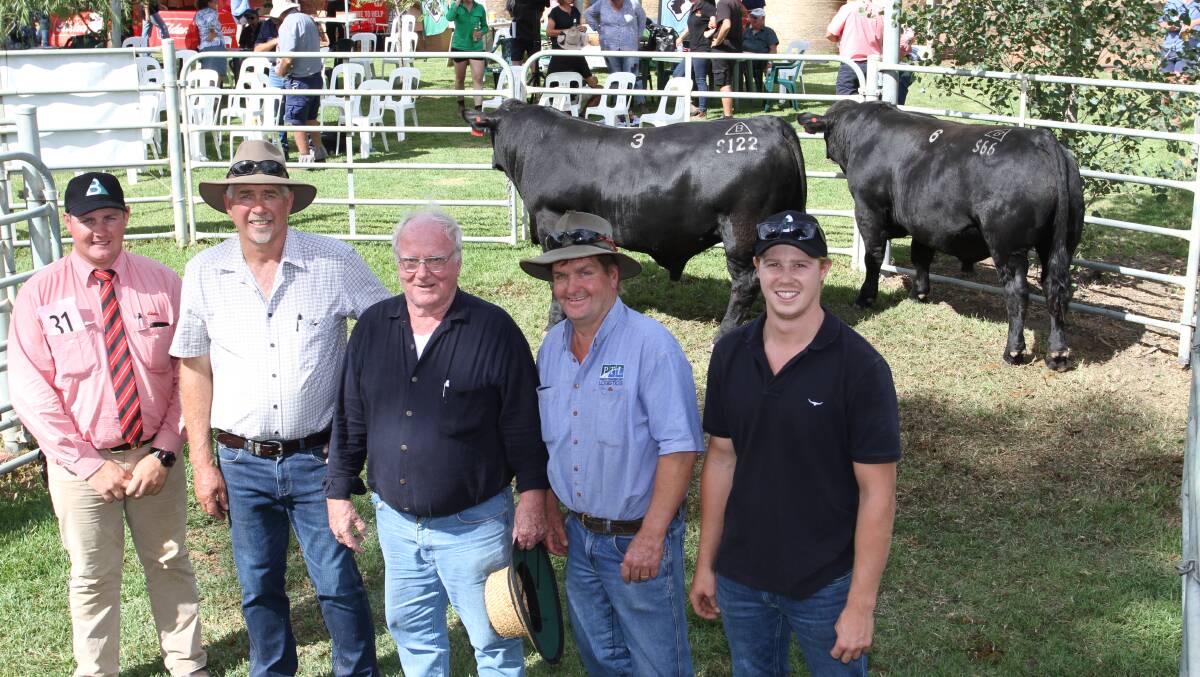 Values reached $23,000 twice at the Bonnydale Black Simmental and SimAngus on-property yearling bull sale at Bridgetown on Monday. With the two Black Simmental bulls that sold to PN & DN Johnston, Wandella Farm, Willyung, for the sale's equal $23,000 top price Bonnydale Nukara S66 (PP) (right bull pictured) and $21,000 second top price Bandeeka Nashville S122 (PP) were Pearce Watling (left), Elders Donnybrook, Bonnydale stud co-principal Rob Introvigne, buyer Doug Johnston with Mick Pratt, Ballawinna Angus, Albany and Connor DeCampo, Bonnydale stud.