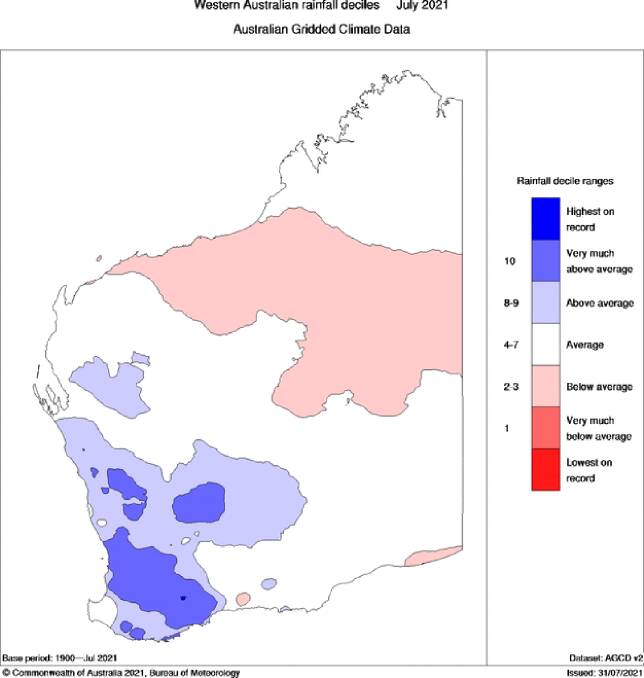 WA's rainfall for last month was seven per cent above the 1961-90 average.