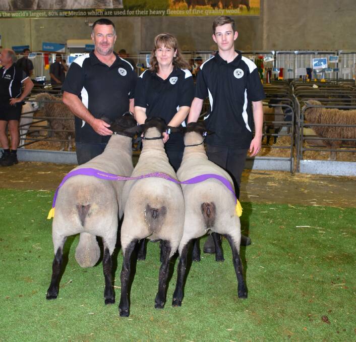 The grand champion ASSBA breeder's group for one ram and two ewes was exhibited by the Kalinda Suffolk stud, Boyanup. With the winning group were Kalinda stud's Matt (left), Alison and Alex Mitsopoulos.