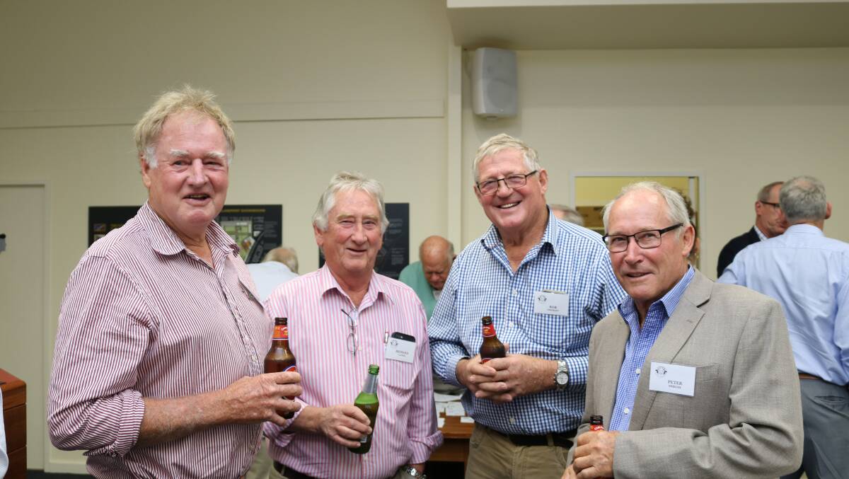 Ross Richardson (left), Gnowangerup, charity auction auctioneer Richard Gapper, Attadale, Old Ram Muster convenor Rob Chomley, Wandering and Peter Shields, Dandaragan, enjoyed a pre-lunch refreshment.