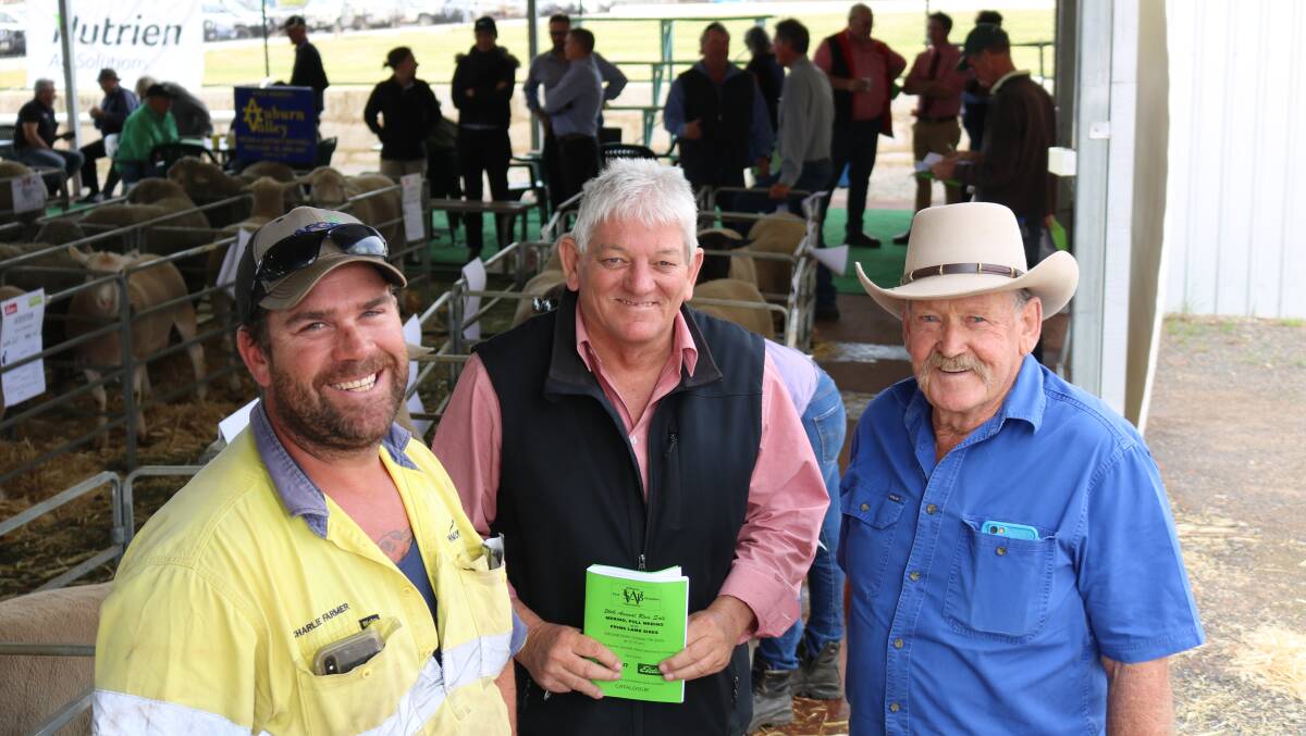 Making their selections before the sale were Charlie Farmer (left), Graeme Alexander, Elders Williams, and Charlie's father Ray Farmer, Charles Farmer Family Trust, Boddington.