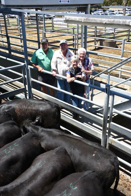 Prices hit a high of $1925 for this pen of steers at last week's Nutrien Livestock Special Angus weaner sale at Mt Barker. With the pen were Nutrien Livestock, Manjimup representative Brett Chatley (left), vendor Darren White, Casual Flats, Peaceful Bay and his friends Loraine and Jim McNamara.