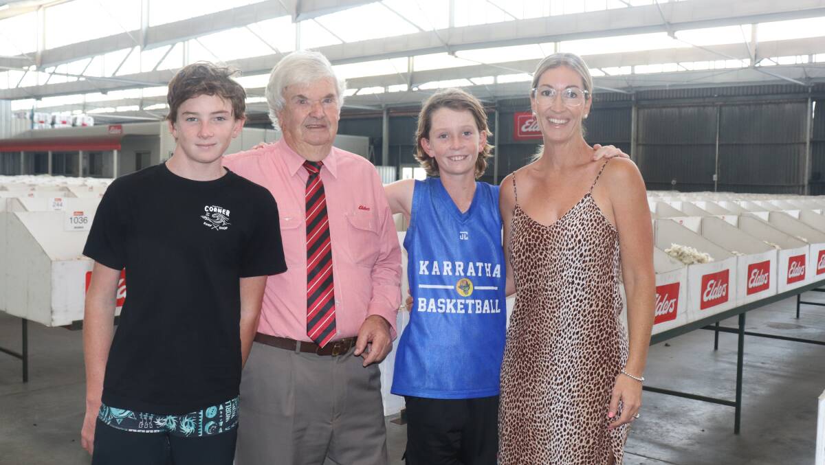 Veteran wool auctioneer Terry Winfield had a personal audience watching last week when he auctioned the Elders fleece catalogue at the Western Wool Centre (WWC). His grandsons, Bodie, 13 (left) and Bevan Biddiscombe, 11, with their mum and Terrys daughter Sarah Winfield, down from Karratha for a visit to Perth during their summer holidays, called into the WWC to watch him go to work through the visitors gallery window. The boys admitted they could not understand what Pop was saying as he rattled off four-figure cents per kilogram prices at machine gun pace, regularly slamming down the gavel to conclude a sale. While it was their first visit to the WWC, Sarah said the smell of the wool had evoked childhood memories for her of the old Elders Fremantle woolstore where Terry was store manager before becoming Elders State wool manager. Dad used to take me there and Id muck around in this cart he had (Terry had the Winfield Express, an electric cart like a gold buggy he used to get around the woolstore), she said. Terry retired from full-time work last year after 59 years in the wool industry, but now works one day a week as a freelance wool auctioneer.