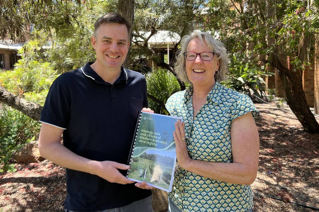 Department of Primary Industries and Regional Developments GIS research scientist Peter Gardiner and soil scientist Angela Stuart-Street with a copy of the publication Geology, soils and climate of Western Australias wine regions.