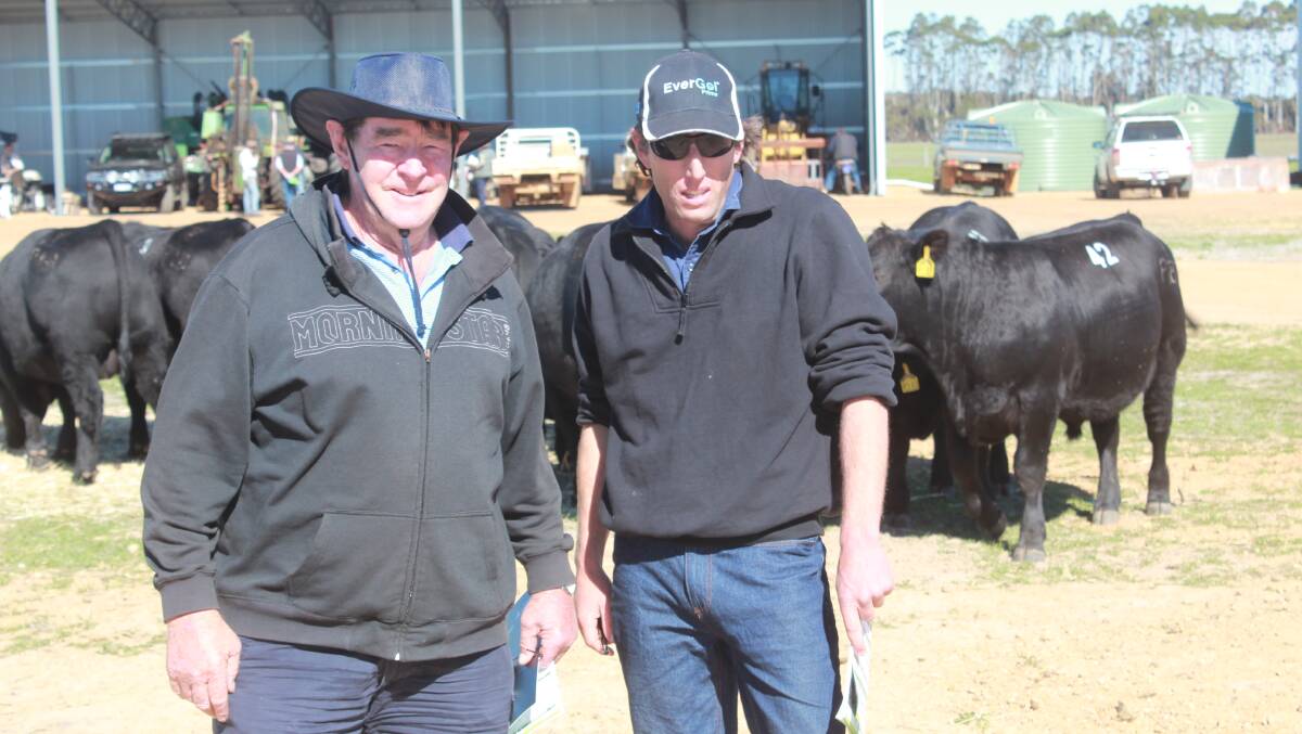 Grant Matthews (left), Bow Bridge, caught up with Lawsons Angus principal Harry Lawson prior to the start of the Lawsons Angus sale at Manypeaks.