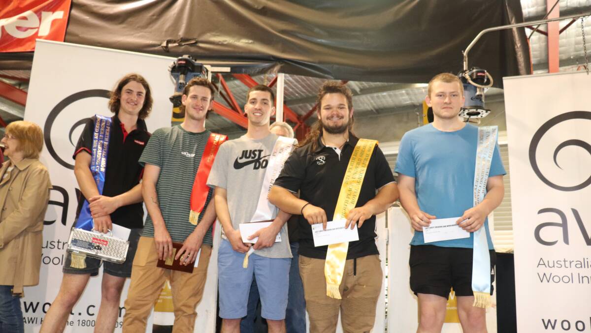 Under 21 shearing finalists, Murray Burt (left), winner and best quality points, Tristan White, second, Corey Barrowcliffe, third, Ethan Gellatly, fourth and Kaleb Tipton, sixth. Fifth placed Kurt Richards was not at the awards ceremony.
