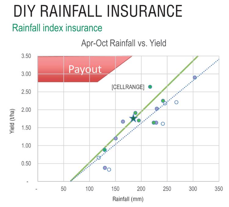 Every grower has a different break-even point which influences their level of insurance adoption. This GRDC case study shows the relationship between yield and rainfall in determining this grower's break-even. Graphs taken from a GRDC presentation by Nuffield scholar, Dylan Hirsch.