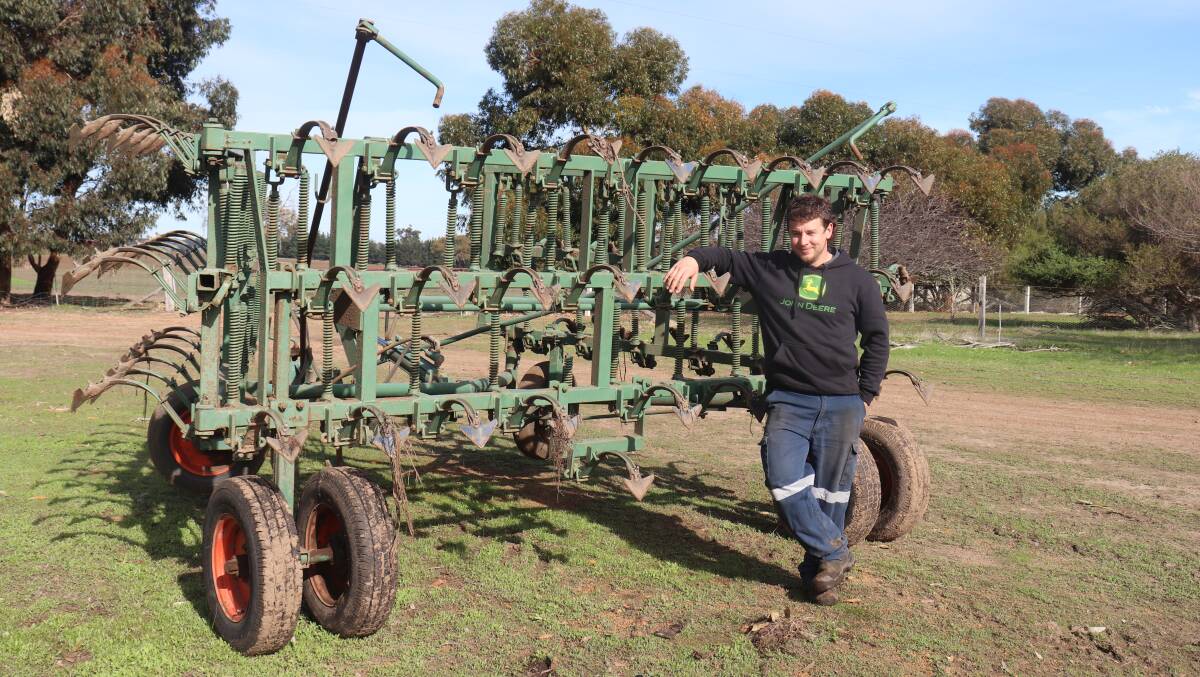  A John Shearer seven-metre Fieldspan used to cover broadcast seed and pick up the last of the weeds for Michael Graham's first crop. It was also made in Australia.
