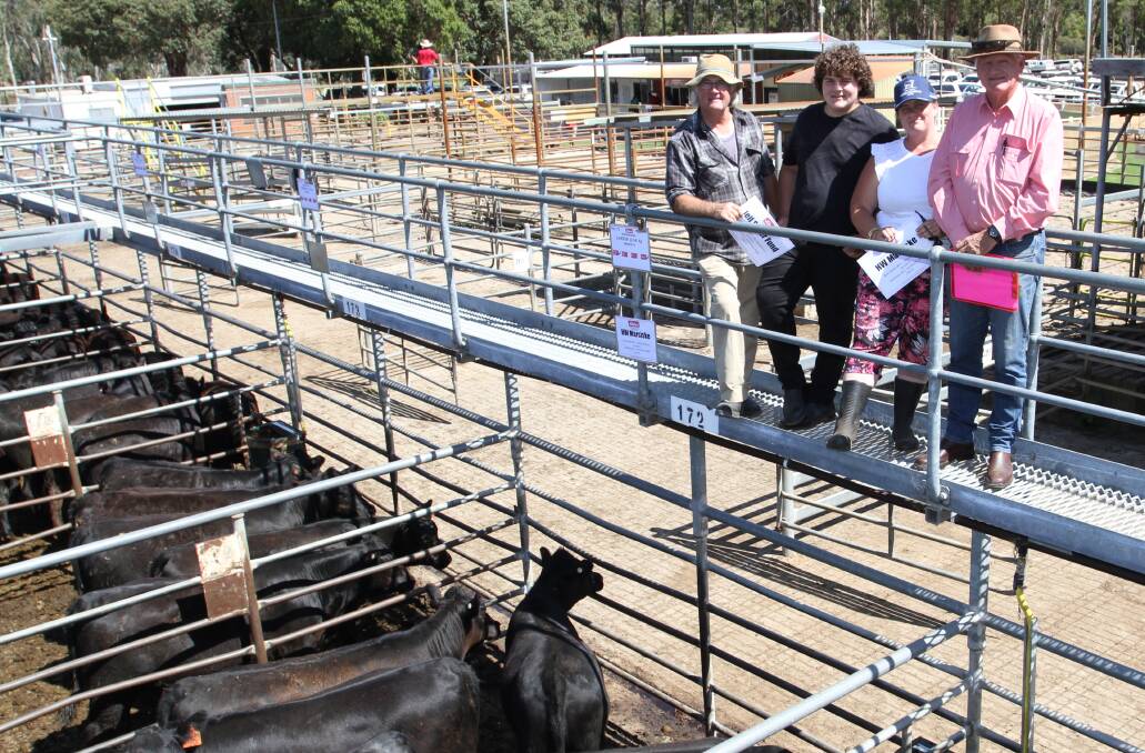 Vendors Steve Jelfs (left), Pinjarra and Johnny and Shelly Marsiske, HW Marsiske, Pinjarra, with Elders Donnybrook/Bridgetown representative Deane Allen. The Jelf and Marsiske familys sold Angus and Angus cross steers and heifers to 280c/kg at the Boyanup weaner sale.