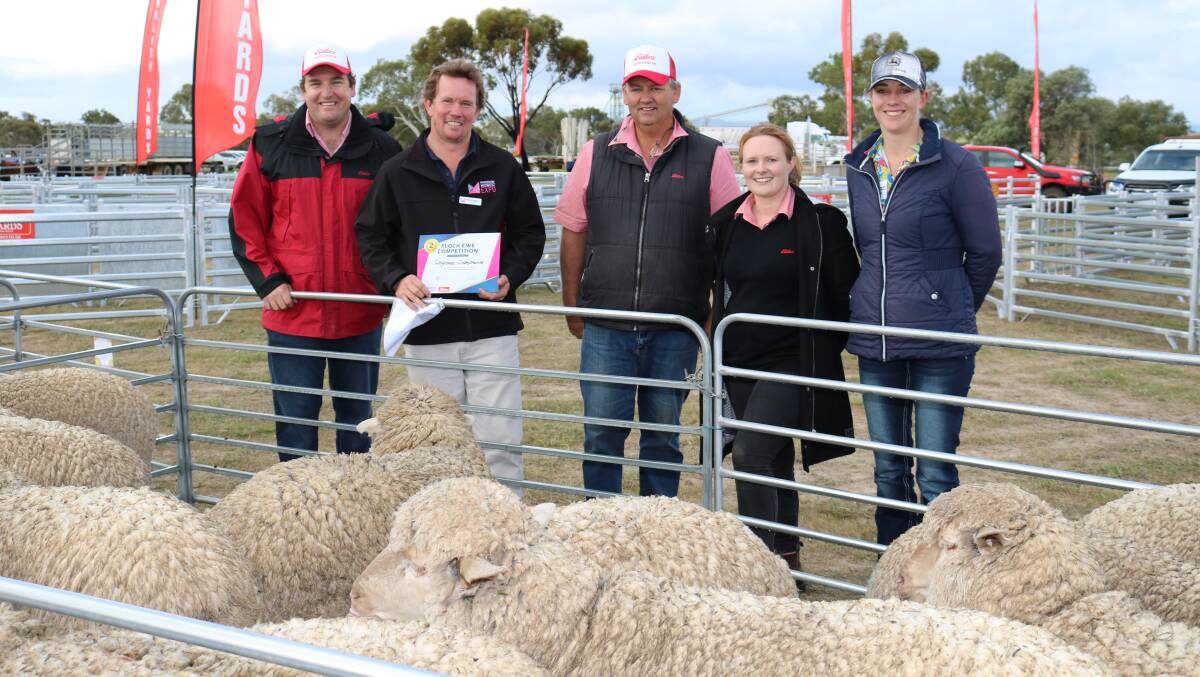 These Cramphorne blood ewes gave Depot Hill the one-two double. With them were Elders Mingenew manager Jarrad Kupsch (left), exhibitor Geoff Cosgrove, Depot Hill, Mingenew, Elders Mingenew livestock agent Ross Tyndale-Powell, Elders wool specialist Breanna Hayes, Moora, and section head steward Billi Marshall, Dongara.