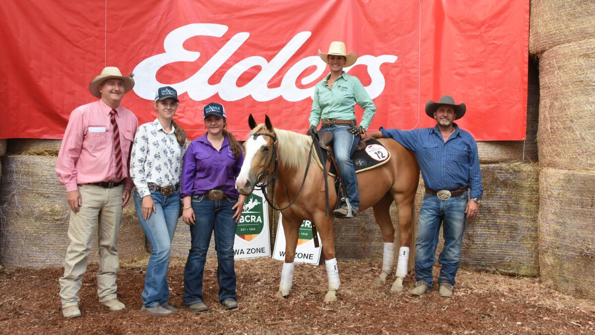 Celebrating selling this mare, PPH Gold Digger, offered by LJ & SA Peace, Waterloo, for $23,000 to an Elders Muchea account were Elders, Waroona representative and sale co-ordinator Wade Krawczyk (left), Halle DellAgostino and Darci, Susan and Wei Peace.