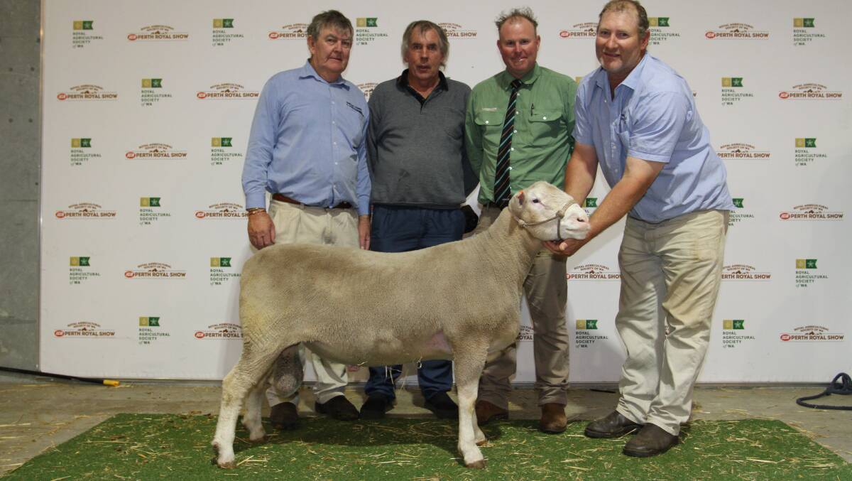 With the $5600 second top-priced Shirlee Downs Poll Dorset ram were Shirlee Downs and Dongadilling Poll Dorset stud co-principals Chris (left) and Adrian Squiers (right), Quairading, buyer Ray Hathaway, Longdale Poll Dorset stud, Brookton and Landmark Brookton-Pingelly agent Chris Turton.