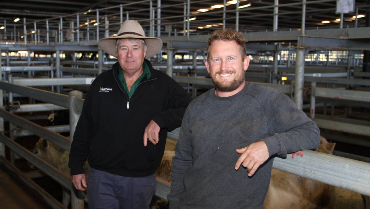Andrew O'Connor (left), Nutrien Livestock Goomalling and Bolgart grazier and Funk Cider co-owner Dustin Michael were on the look out for replacement store cattle at the sale.
