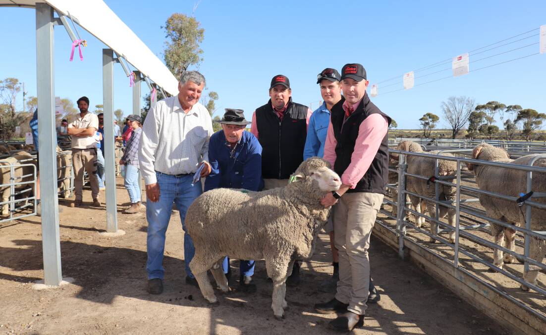 The top-priced Poll Merino ram at the Crichton Vale Merino stud's 22nd annual on-property sale went for $3000. With the ram are Crichton Vale principal Bill Cowan (left), buyer Sam Teasdale, Merredin, who purchased it for his brother Geoff, GR Teasdale, Badgingarra, Elders Narembeen branch manager Colin Ogilvie, Crichton Vale livestock manager Bryce Lansdell and Elders Narrogin area manager Shane Medlen.
