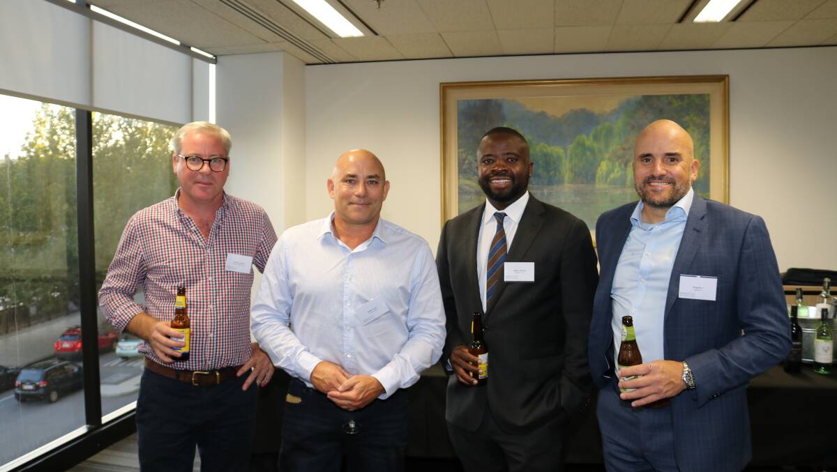 Catching up at the Bennett + Co and Nutrien Ag Solutions sundowner were Zenith Australia Group general manager Andrew Farson (left), West Perth, Lateral Aspect creative director Mark Lucas, Jolimont, Bennett + Co principal Dalitso Banda and Bankwest senior agribusiness manager Moora, Greg Kerr.