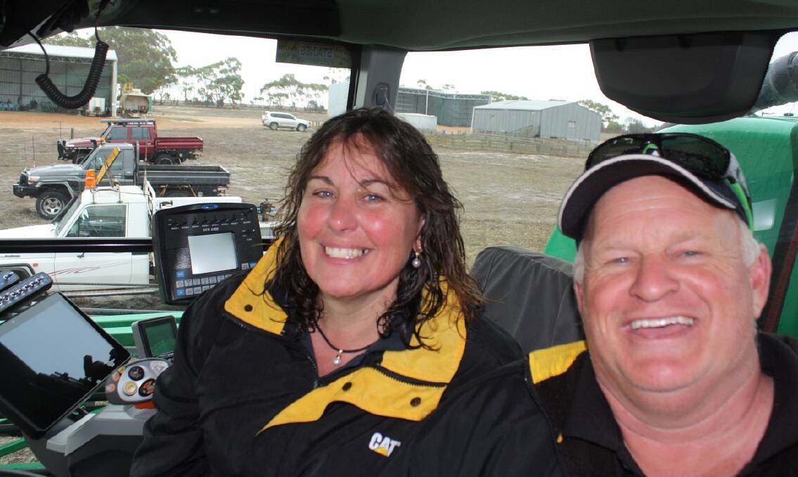 Happy vendors Mel and Carl Spinks, sitting in the G6 Goldacres self-propelled boomsprayer which is "Mel's baby". It later sold for the sale top of $400,000. The couple are taking a well earned sabbatical from farming, leasing their properties "for a while". "We've never had full-time employees, just casual labour so it has been up to me and Carl to run the show," Mel said. "I'm usually the sprayer driver with some chaser work thrown in to help out Carl."