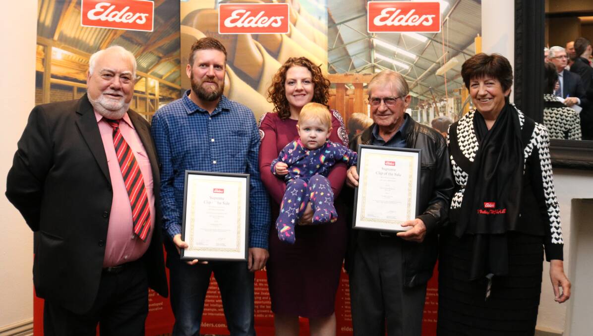 The Bradford family, Kulin, were the Supreme Clip of the Sale winners for sale F18. Celebrating the family's win were Elders district wool manager Tony Alosi (left) and Richard and Edwina, holding baby Dara, and Charlie and Valerie Bradford.