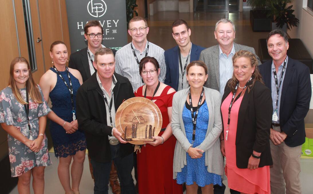 In its 100th year, the Harvey Beef team had a strong presence at this year's Harvey Beef Gate 2 Plate Challenge awards night and on hand to congratulate the winners were staff members Adele Martin (back left), Jess Ciamay, Campbell Nettleton, Wayne Shaw, Justin Walsh, Harvey Beef general manager livestock Kim McDougall, Harvest Road chief executive Greg Harvey with overall competition winners James (front left) and Casey Morris, Morrisvale Limousin stud, Narrikup, Harvey Beef marketing manager Jeni Seaton and Gate 2 Plate co-ordinator Sheena Smith. The Morrisvale's winning team consisted of Limousin-Angus cross cattle.