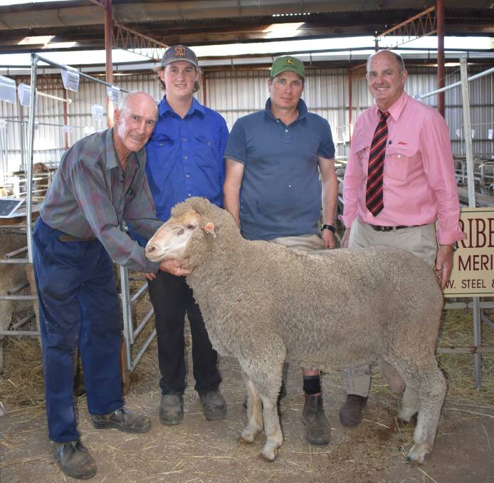 Carribber co-principals Richard Steel (left) and grandson James Steel, South Yilgarn, with top priced buyer Simon Penny, Greenhills Farming Company, York, and Elders Merredin area manager Andrew Peters, with the $3900 top priced sire.