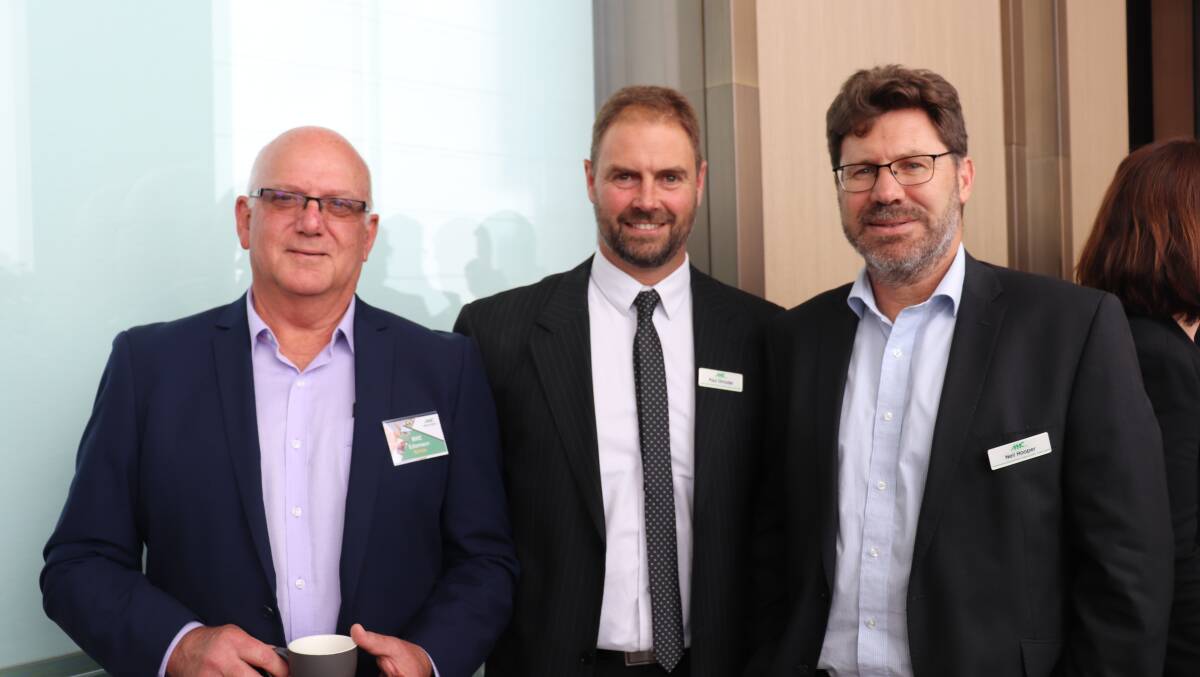 Mike Eckermann (left) and Neil Hooper (right), from Byfields Business Advisers, with Planfarm director Paul Omodei, Manjimup.