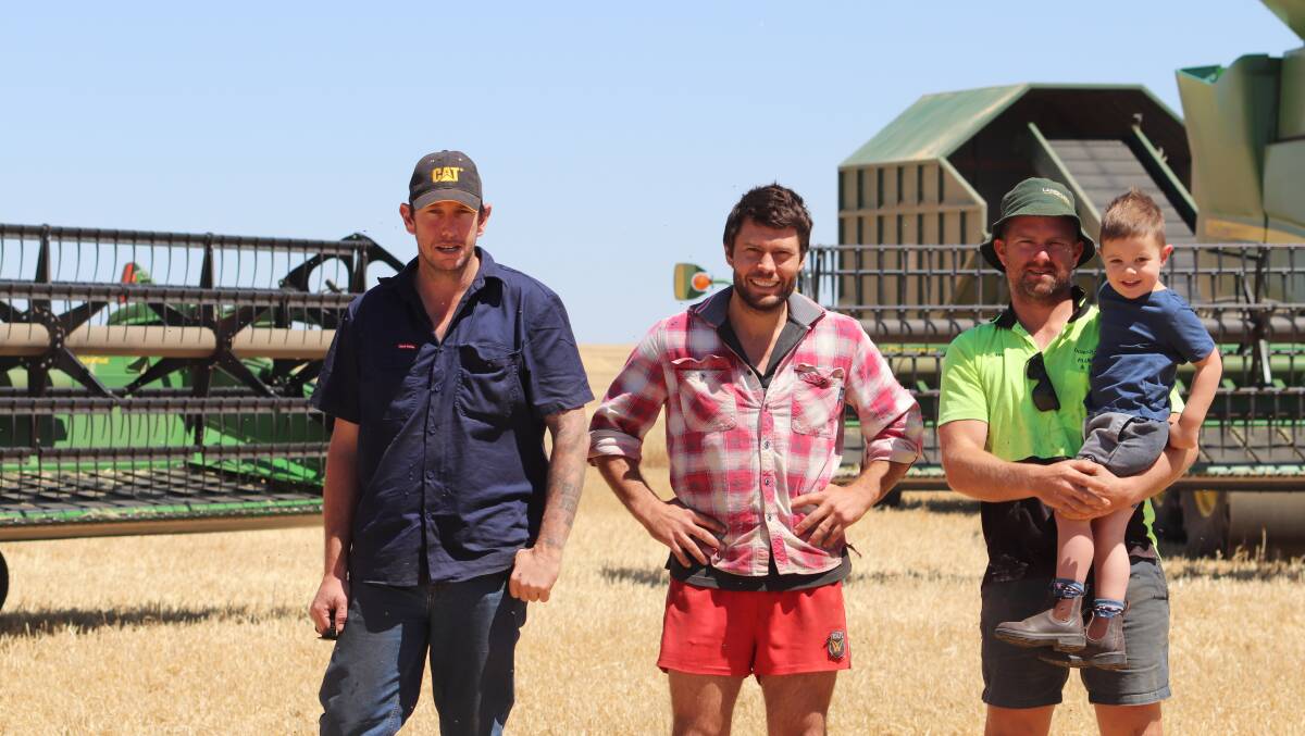 Harvest wrapped up last week on Arizona Farms at Lake Grace. Worker Caine Davidson (left), is with Luke Bairstow and Bevan McDougall with his son Hugo, 3.