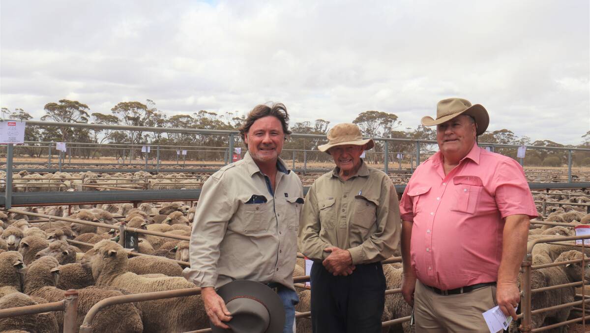Eungai stud principal and vendor James McLagan (left), Frank Tierney, Walebing and Kevin Broad, Elders, caught up to look at the sheep prior to the sale at Moora.