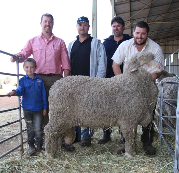 With the $10,200 top-priced ram purchased by the San-Mateo stud, Brookton, at the inaugural Seymour Park Poll Merino stud's on-property ram sale at Highbury last week were Nathan Blight, Seymour Park stud, Seymour Park and San-Mateo stud classer Nathan King (left), Elders stud stock, buyers Nigel and Damien Morrison, San-Mateo stud and Seymour Park stud co-principal Clinton Blight.