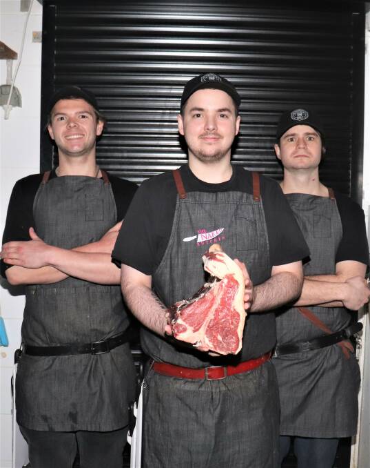 The Naked Butchers staff, third-year apprentice Jordan Styles (left), butcher Bailey Milich and first-year apprentice Mitchell Oldfield.