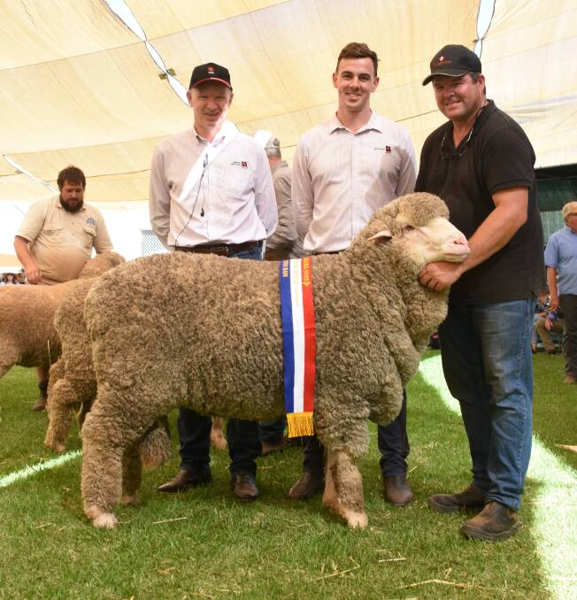 The Rangeview stud, Darkan, exhibited the champion two-tooth ram. With the ram were NAB Agribusiness and regional State manager Jeff Pontifex (left) and NAB Agribusiness Narrogin manager Stratton Jones and Rangeview co-principal Jeremy King
