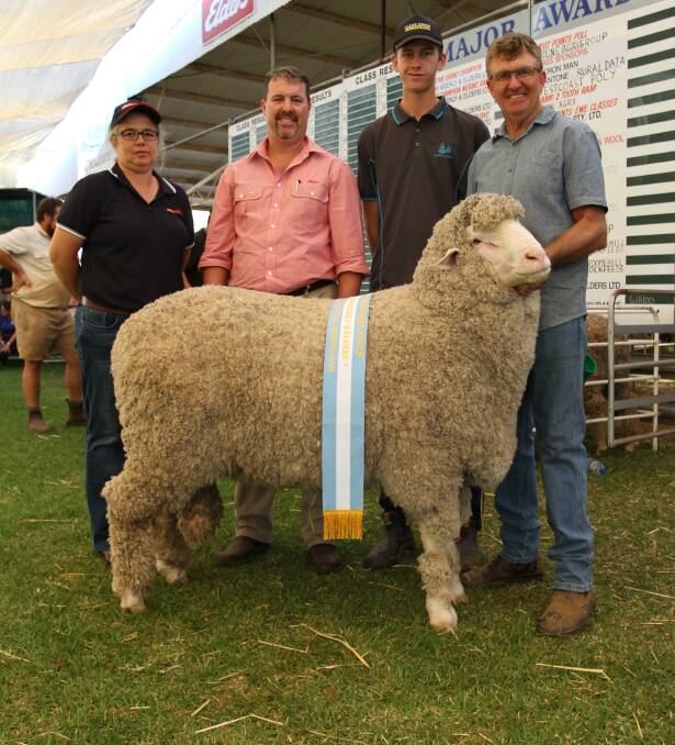 With the reserve grand champion Poll Merino ram and champion fine-medium wool Poll Merino ram exhibited by the Westerdale stud, McAlinden, were sponsors Jodie Rintoul (left), Farm Weekly and Nathan King, Elders stud stock and Westerdale stud connection Ashton Lantzke and stud principal Peter Jackson.