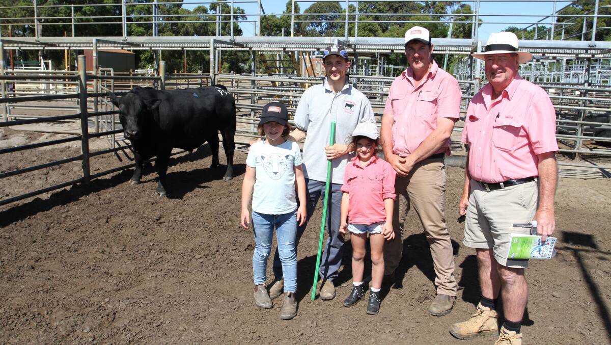 With the $10,750 top-priced bull Diamond One Competitor P94 (AI) at the Gandy Angus annual bull sale at Boyanup were Gandy Angus stud connections Steven (left), Lola and Romy Gandy, Manjimup, Cameron Harris, Elders Manjimup and Terry Tarbottom, Elders Nannup.
