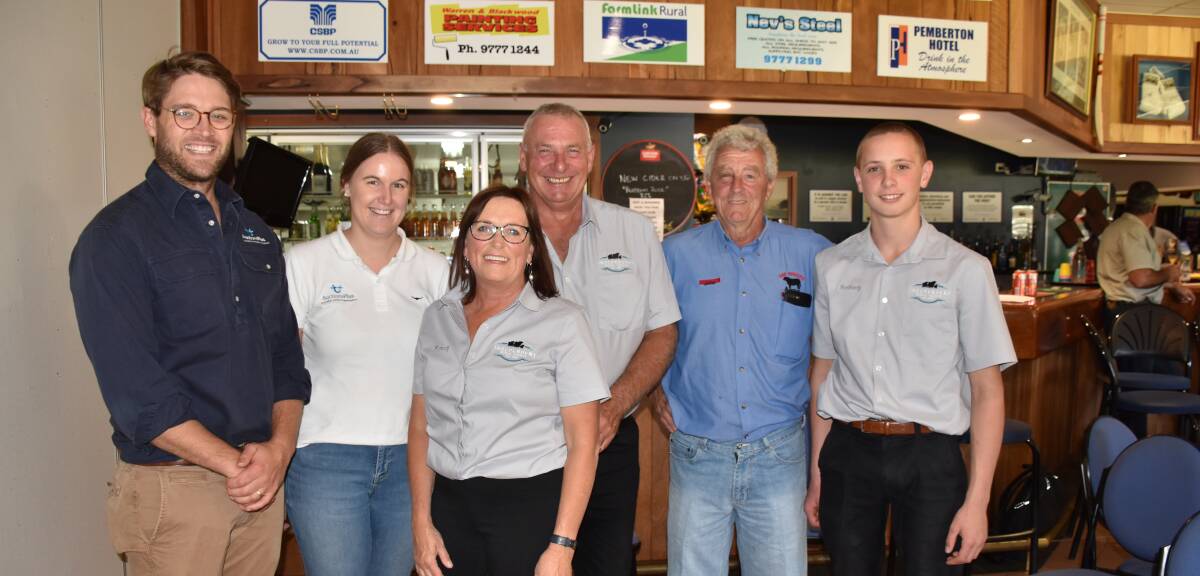 AuctionPlus chief executive officer Angus Street (left) and WA representative Teeah Bungey with Pemberton IRA sale co-ordinators Kerry Bendotti and Colin Thexton and son Anthony (right) and long-term prominent vendor John Bendotti, G&B Bendotti, Pemberton.