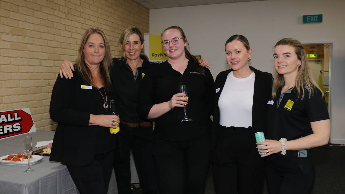 Ray White Rural Albany Kojonups property manager Sharon Milentis (left), rural sales specialist Kate Jefferies, assistant property manager Shalea Kiddle, sales administration and receptionist Maddie Bingham and residential sales specialist Cassie Lamont.