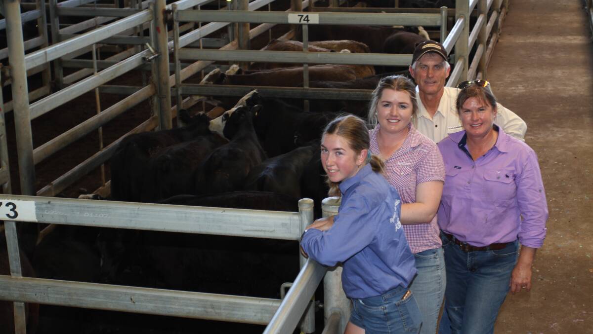 Long-time sale vendors Bolinda Vale Grazing Pty Ltd, Keysbrook, sold 153 Angus, Charolais, Murray Grey and Hereford sired steers and heifers to $1070 and 316c/kg at the 18th annual S & C Livestock Pinjarra and Districts weaner sale at the Muchea Livestock Centre last Friday. Looking over some of their calves before the sale were Katlyn Butler (left), Hannah Barton and Deb Butler, Bolinda Vale Grazing and Phil Petricevich, S & C Livestock.