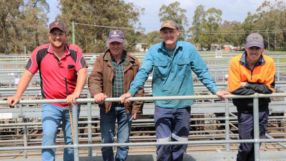 Elders Busselton representative Jacques Martinson (left), caught up with clients Jim, Brett and Liam Milner, Busselton, at the sale. The Milners sold Angus cross steers to $2117 and Friesian steers weighing 403 kilograms for $1508.
