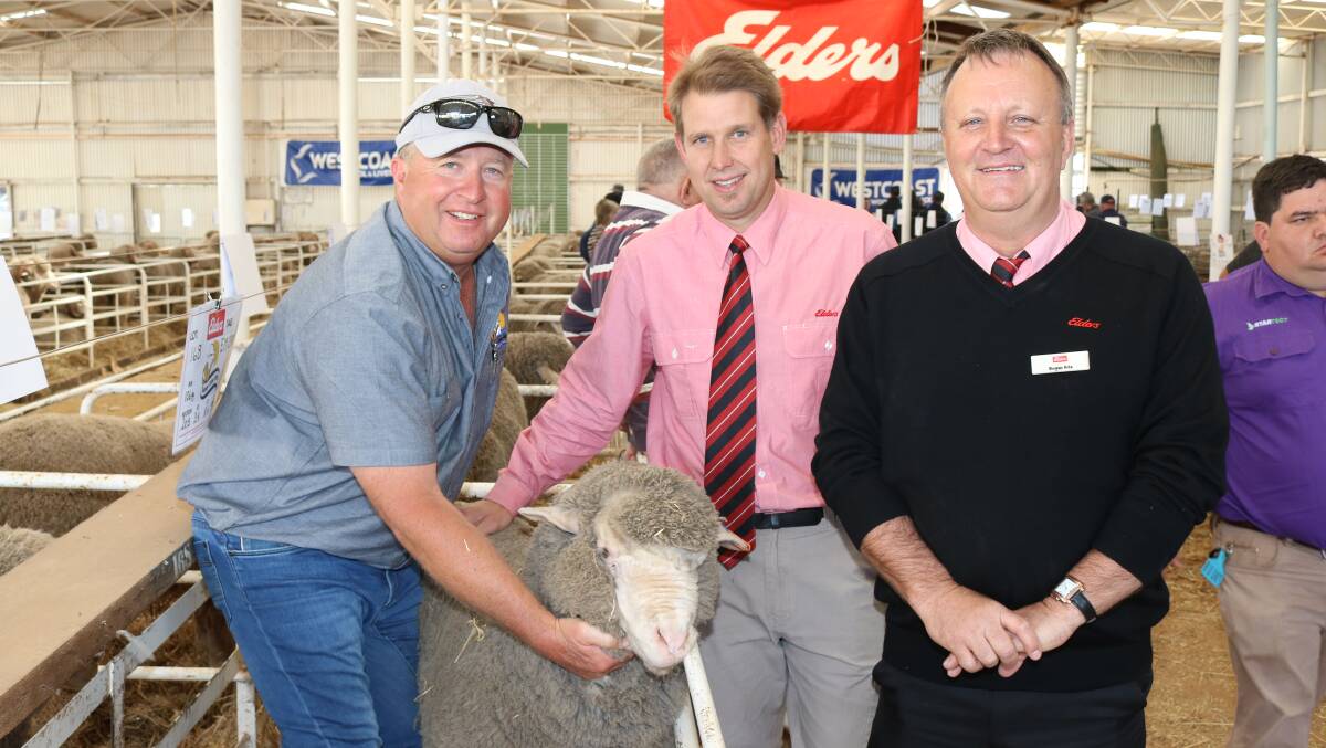 Sunny View stud principal Gavin Kirk (left), Wagin, with the $1500 top-priced Sunny View Poll Merino at Wagin with Elders Wagin's Dane Tully and Roger Fris.