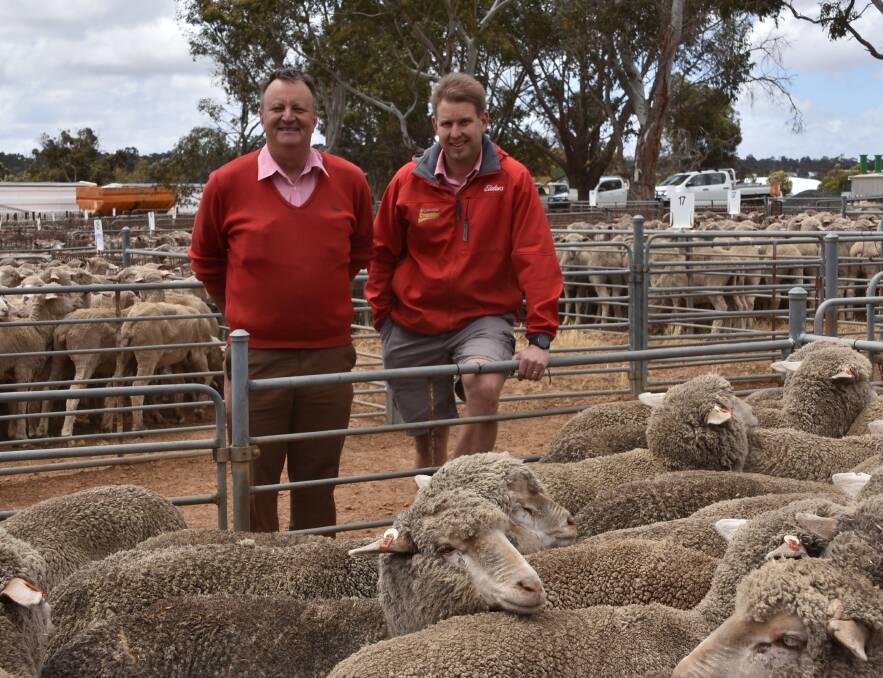 This line of 1.5-year-old Barloo blood, June shorn ewes from C & M English, Wagin, topped last week's Elders Kojonup ewe sale when it sold for $162 to Elders Mt Barker representative Dean Wallinger, who purchased the line for Amerillup Pastoral, Mt Barker. With the ewes were Elders Wagin livestock representative Roger Fris (left) and Elders Wagin branch manager Dane Tulley.