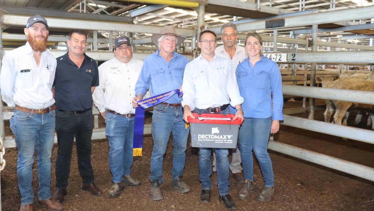 With the champion pen of eight Charolais sired heifers that sold for $727 and 230c/kg was AWN Livestock representative Daniel Jones (left), competition sponsor and Delta Ag business development manager Animal Health WA Darren Hendry, Zoetis representative and sponsor Jarvis Polglaze, winner Bruce Campbell, AS & M Campbell, Keysbrook, AWN wool and livestock manager Greg Tilbrook, WA Charolais representative David Ellis and Bryden Campbell, AS & M Campbell.