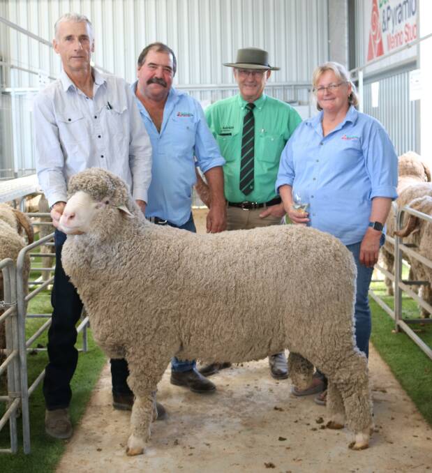 With the $3200 top-priced ram were buyer Roger Nankivell (left), Condingup, Derella Downs and Pyramid Poll stud co-principal Scott Pickering, Cascade, Nutrien Livestock Brindley & Chatley auctioneer Neil Brindley and Sue Pickering, Derella Downs and Pyramid Poll stud co-principal.