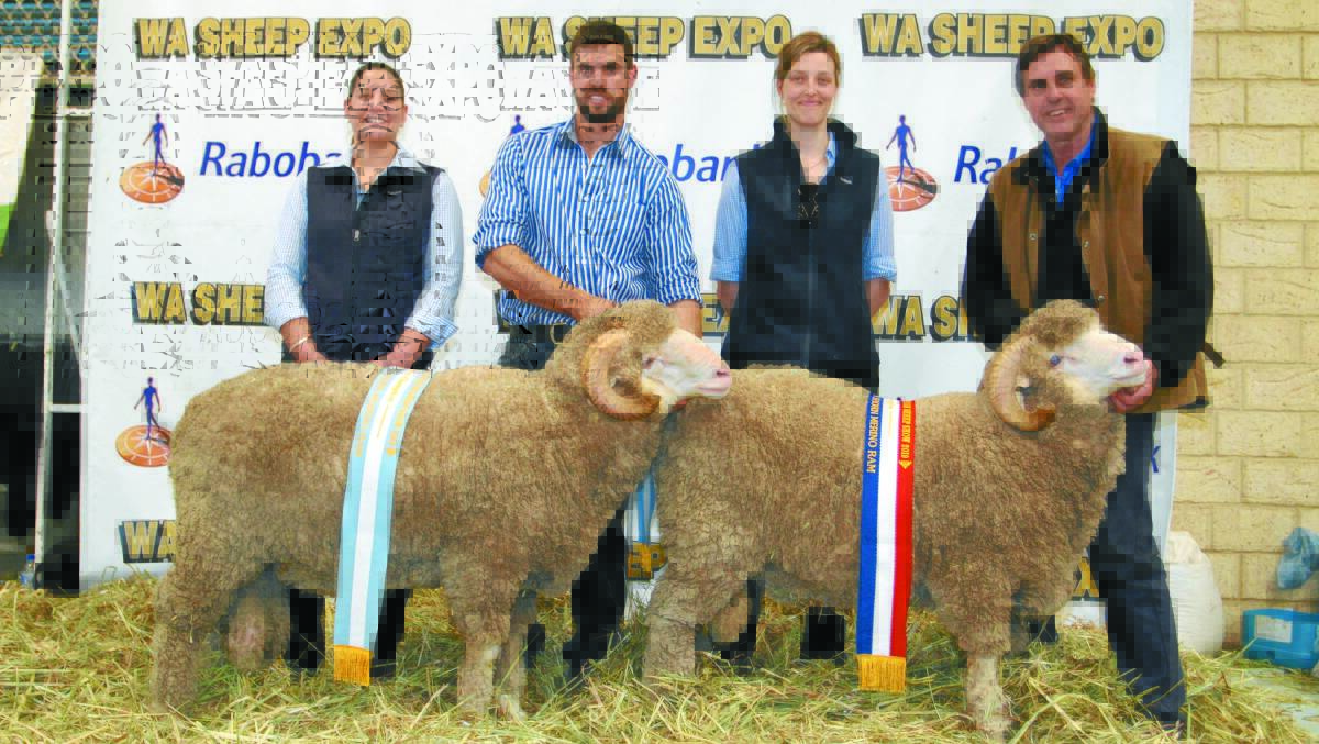 CHAMPION & RESERVE CHAMPION MARCH SHORN FINE WOOL MERINO RAMS: The champion and reserve champion March shorn fine wool Merino rams were exhibited by the Wililoo stud, Woodanilling. With the rams were Sabine Lawrence (left), Rabobank Albany, Rick Wise, Wililoo stud, Rachel Bowman, Rabobank Albany and Clinton Wise, Wililoo stud.